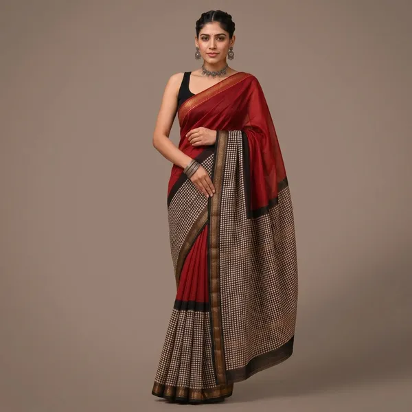 Maroon_Maheshwari_Silk_Geometric_Print_Saree_With_Matching_Blouse_For_Women