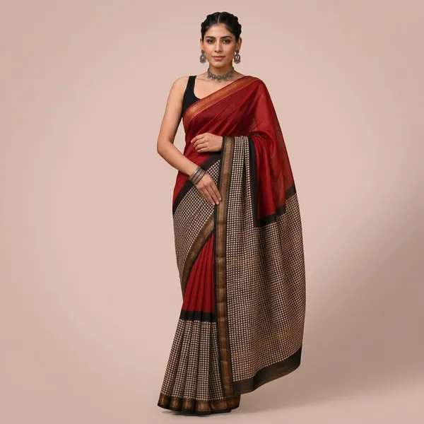 Maroon_Maheshwari_Silk_Geometric_Print_Saree_With_Matching_Blouse_For_Women