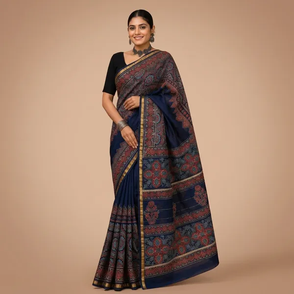 Navy_Blue_Ajrakh_Print_Chanderi_Silk_Saree_For_Women