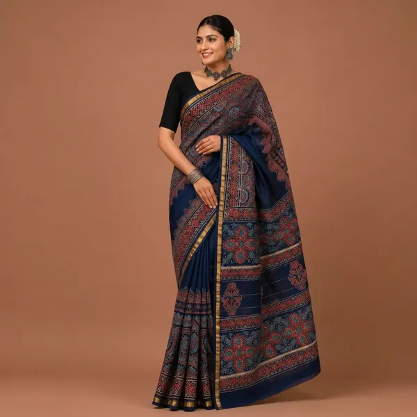 Navy_Blue_Ajrakh_Print_Chanderi_Silk_Saree_For_Women