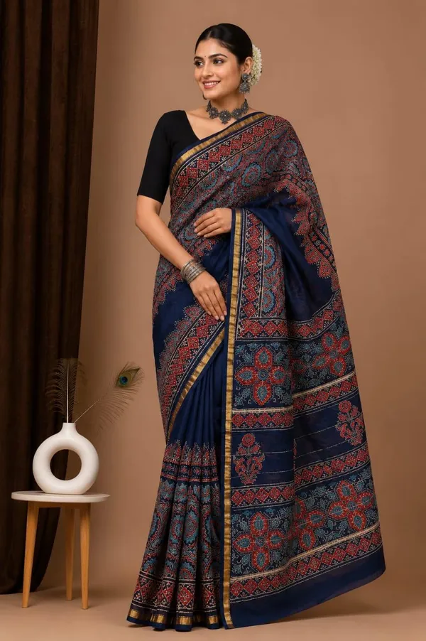 Navy_Blue_Ajrakh_Print_Chanderi_Silk_Saree_For_Women
