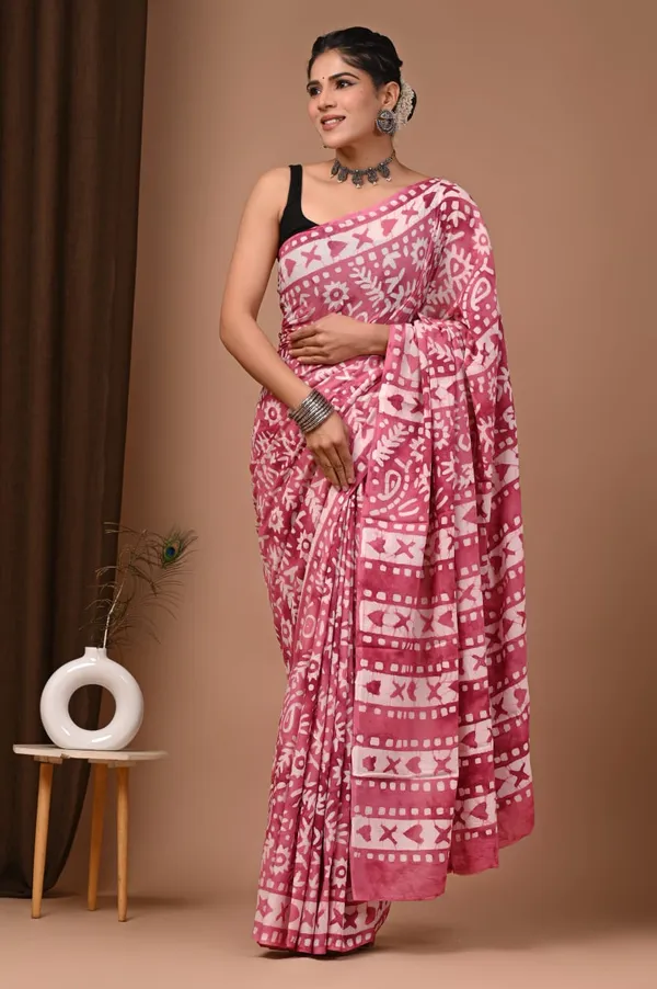 Pink_Pure_Cotton_Batik_Print_Saree_With_Matching_Blouse_For_Women