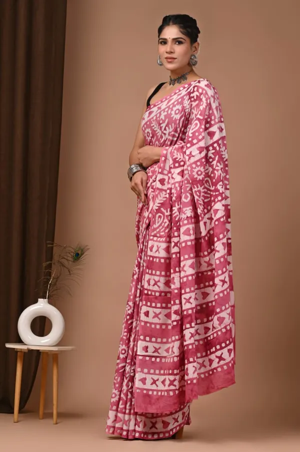 Pink_White_Ikat_Print_Handloom_Pure_Cotton_Saree_With_Matching_Blouse_For_Women
