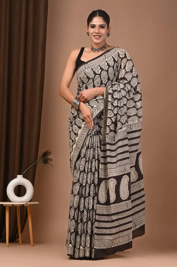Black_Pure_Cotton_Hand_Block_Print_Saree_With_Matching_Blouse_For_Women