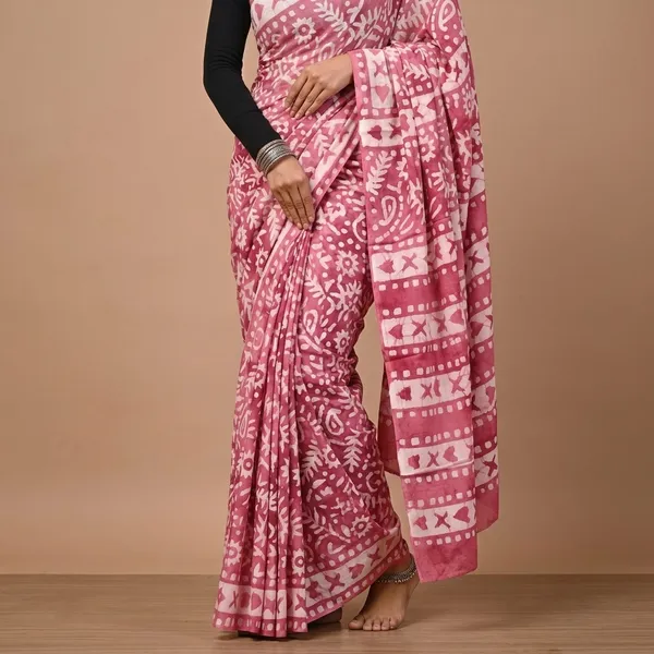 Pink_Pure_Cotton_Batik_Print_Saree_With_Matching_Blouse_For_Women