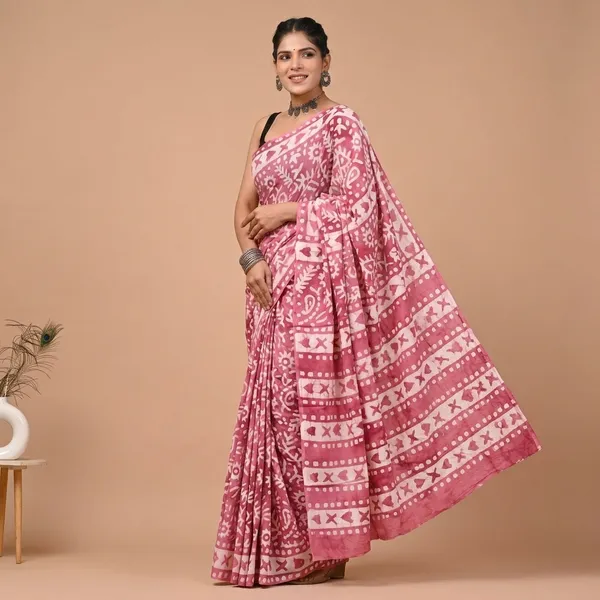 Pink_Pure_Cotton_Batik_Print_Saree_With_Matching_Blouse_For_Women
