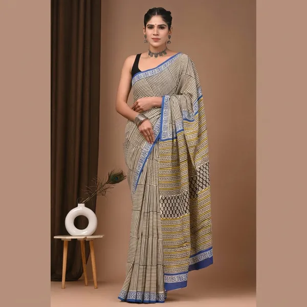 Black_And_Beige_Geometric_Print_Cotton_saree_With_Blue_Border