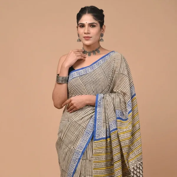 Black_And_Beige_Geometric_Print_Cotton_saree_With_Blue_Border