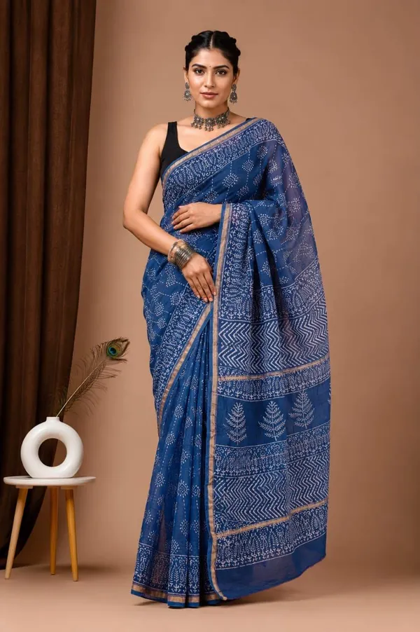 Blue_Chanderi_Silk_Handblock_Printed_Saree_With_Matching_Blouse_For_Women