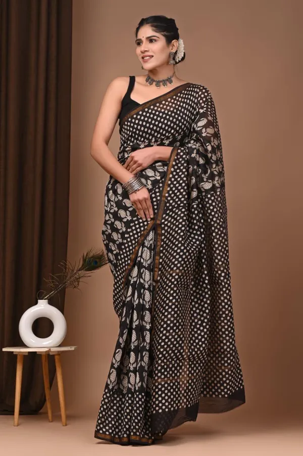Black_Print_Chanderi_Silk_Saree_With_Matching_Blouse_For_Women