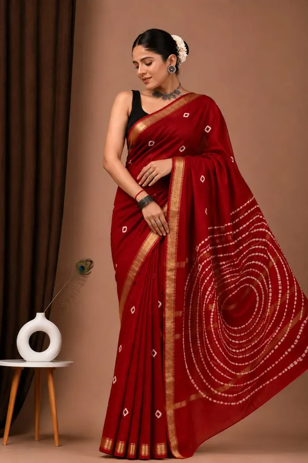 Red_Handloom_Maheshwari_Silk_Saree_With_Matching_Blouse_With_Traditional_Border_For_Women