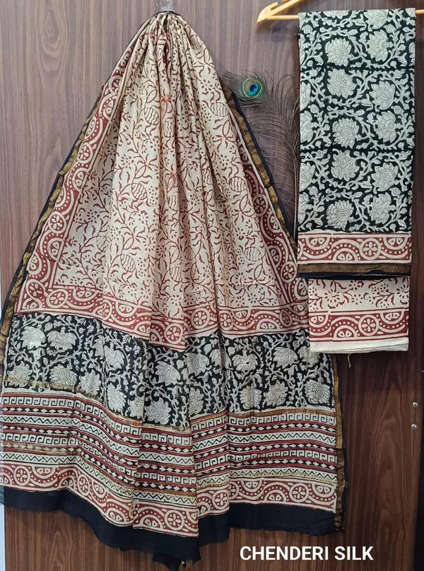 Black_Chenderi_Chanderi_Silk_Unstitched_Suit_Set_For_Women_(Bagru_Print)