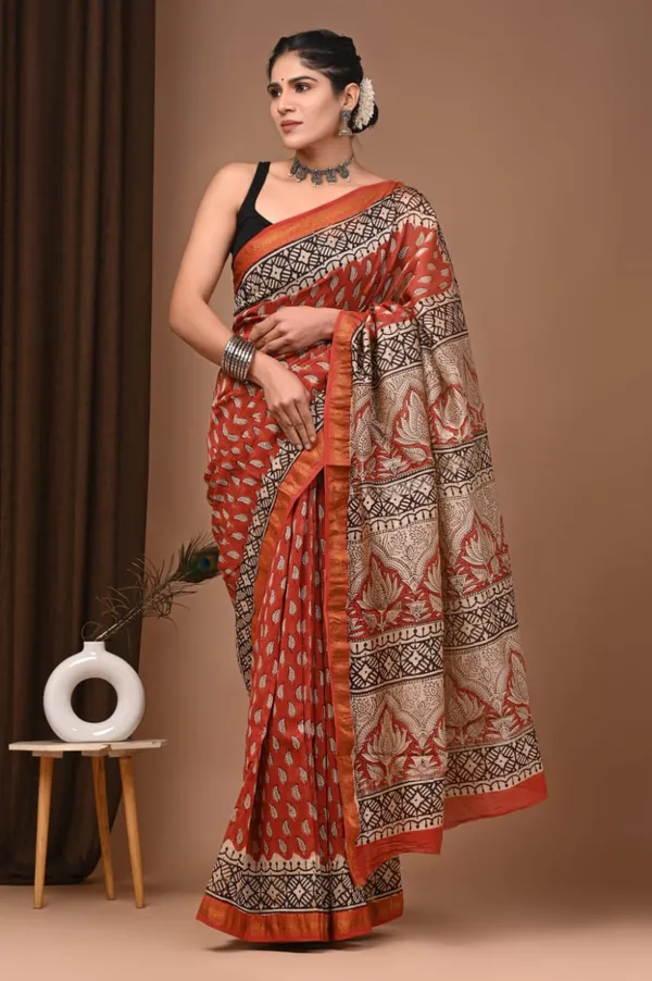 Red_Banarasi_Maheshwari_Silk_Saree_With_Matching_Blouse_With_Golden_Zari_Border