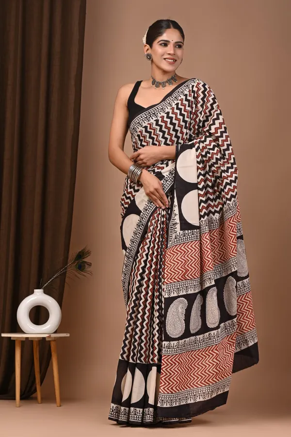 Black_Brown_Zigzag_Pattern_Pure_Cotton_Printed_Saree_With_Matching_Blouse_For_Women