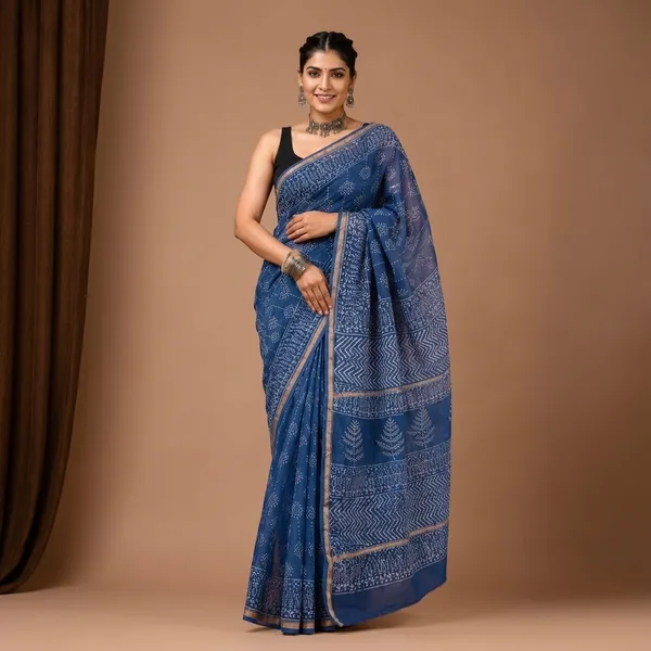 Blue_Chanderi_Silk_Handblock_Printed_Saree_With_Matching_Blouse_For_Women