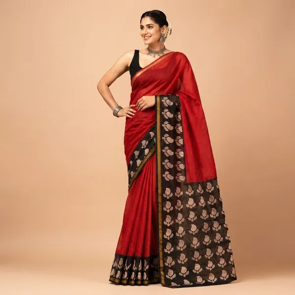 Red_Chanderi_Silk_Blend_Floral_Print_Saree_With_Matching_Blouse_For_Women
