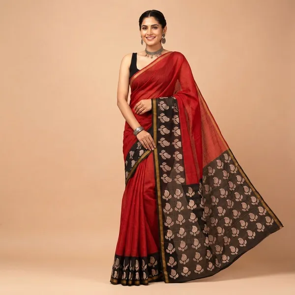 Red_Chanderi_Silk_Blend_Floral_Print_Saree_With_Matching_Blouse_For_Women