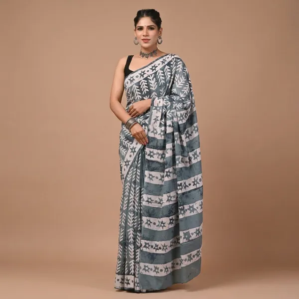 Grey_Floral_Print_Pure_Cotton_Saree_With_Matching_Blouse_For_Women