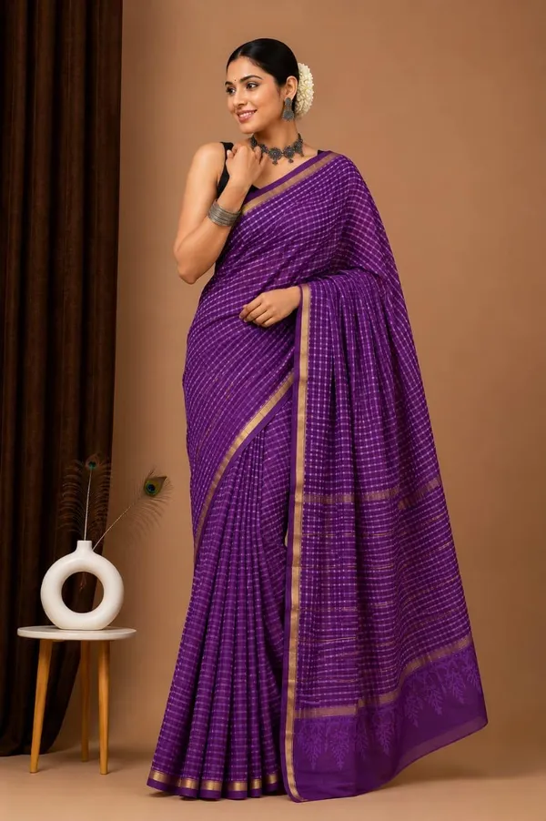 Purple_Chanderi_Silk_Checked_Pattern_Saree_With_Matching_Blouse_For_Women