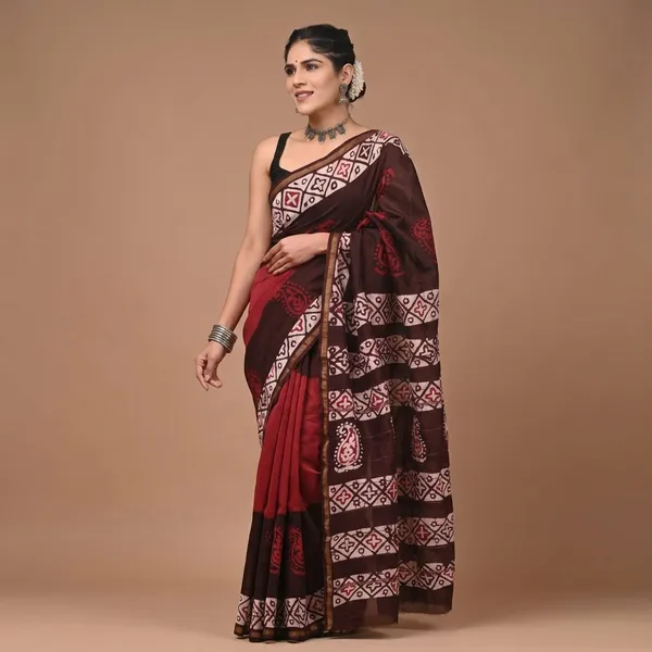 Maroon_Chanderi_Silk_Printed_Saree_With_Matching_Blouse_With_Contrast_Border_For_Women