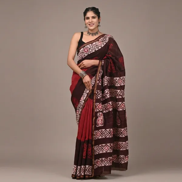 Maroon_Chanderi_Silk_Printed_Saree_With_Matching_Blouse_With_Contrast_Border_For_Women
