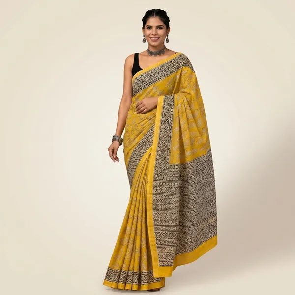 Yellow_Chanderi_Silk_Printed_Saree_With_Matching_Blouse_With_Contrast_Border_For_Women