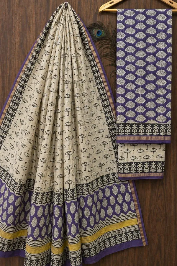 Cream_Purple_Chanderi_Silk_Unstitched_Suit_Set_For_Women_(Bagru_Print)