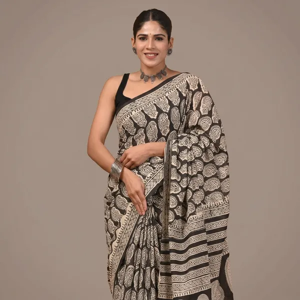 Black_Pure_Cotton_Hand_Block_Print_Saree_With_Matching_Blouse_For_Women