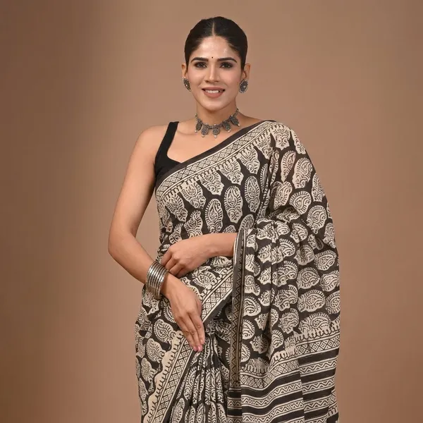 Black_Pure_Cotton_Hand_Block_Print_Saree_With_Matching_Blouse_For_Women