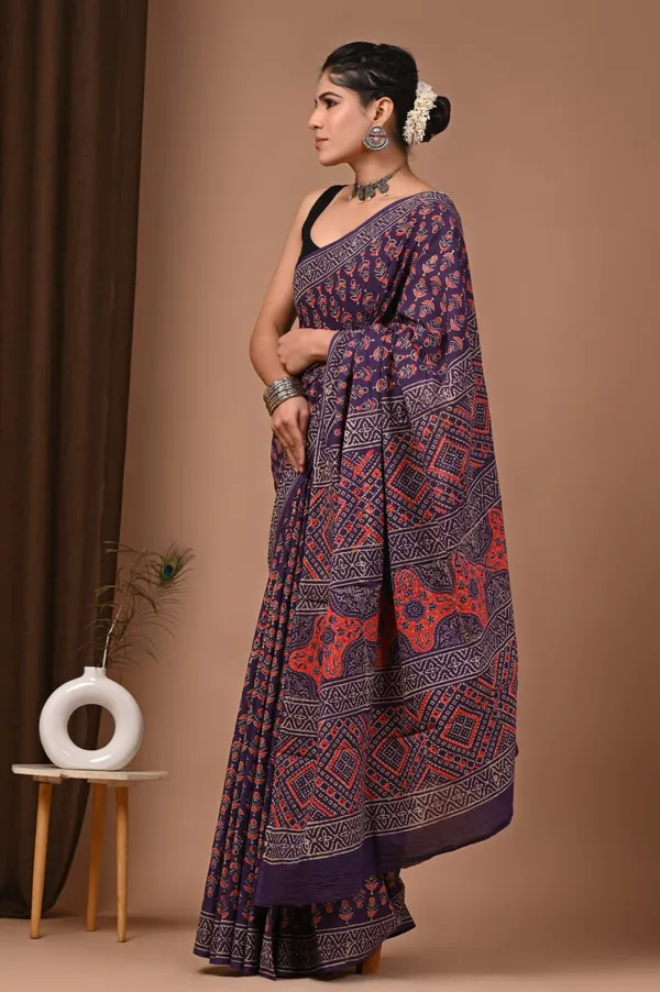 Purple_Ajrakh_Print_Pure_Cotton_Saree_With_Matching_Blouse_For_Women