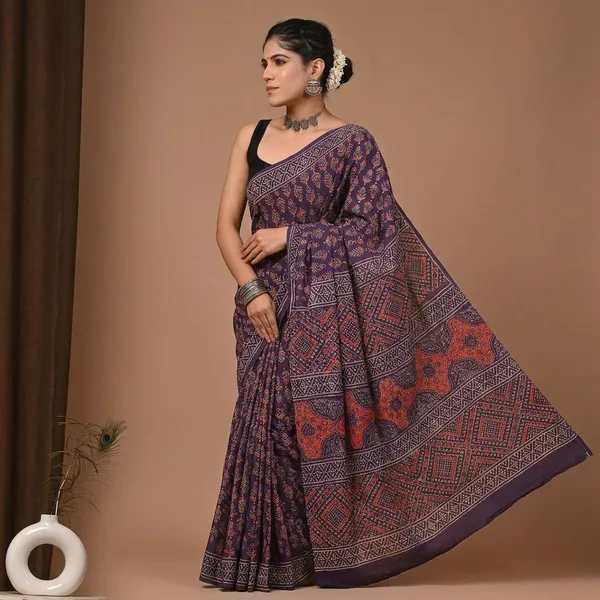 Purple_Ajrakh_Print_Pure_Cotton_Saree_With_Matching_Blouse_For_Women