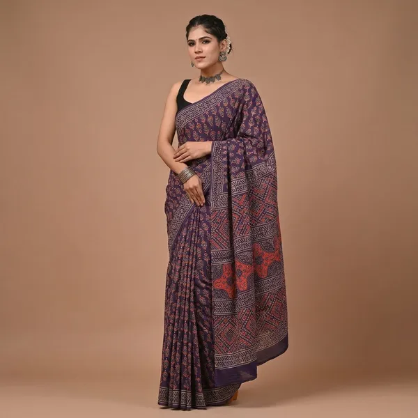 Purple_Ajrakh_Print_Pure_Cotton_Saree_With_Matching_Blouse_For_Women