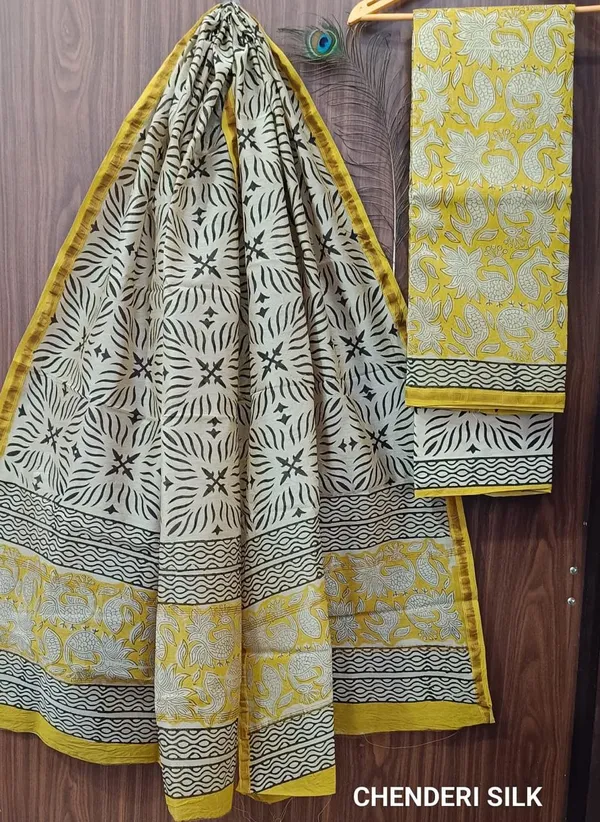 Yellow_And_White_Chanderi_Silk_Unstitched_Suit_Set_For_Women_(Bagru_Print)
