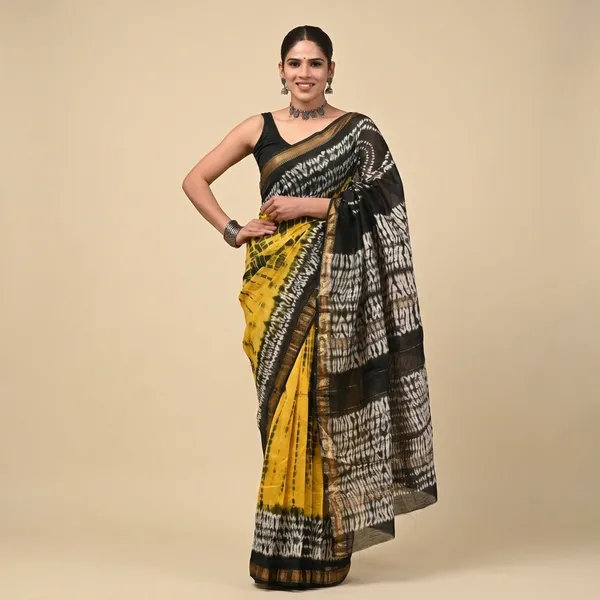 Yellow_Black_Shibori_Maheshwari_Silk_Saree_With_Matching_Blouse_With_Gold_Border