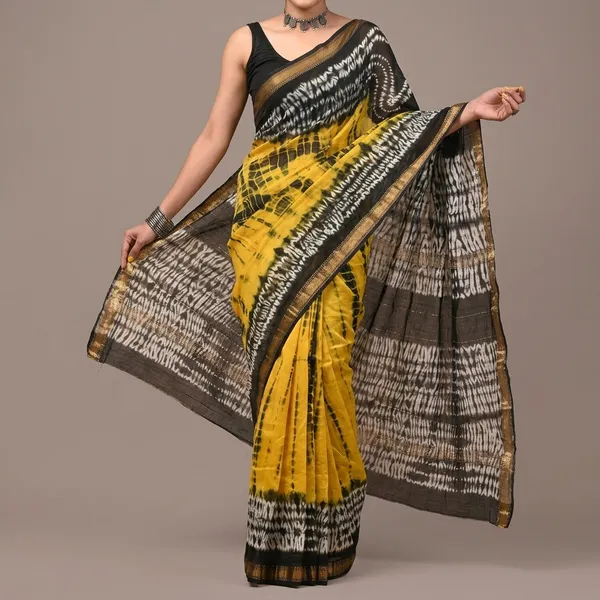 Yellow_Black_Shibori_Maheshwari_Silk_Saree_With_Matching_Blouse_With_Gold_Border