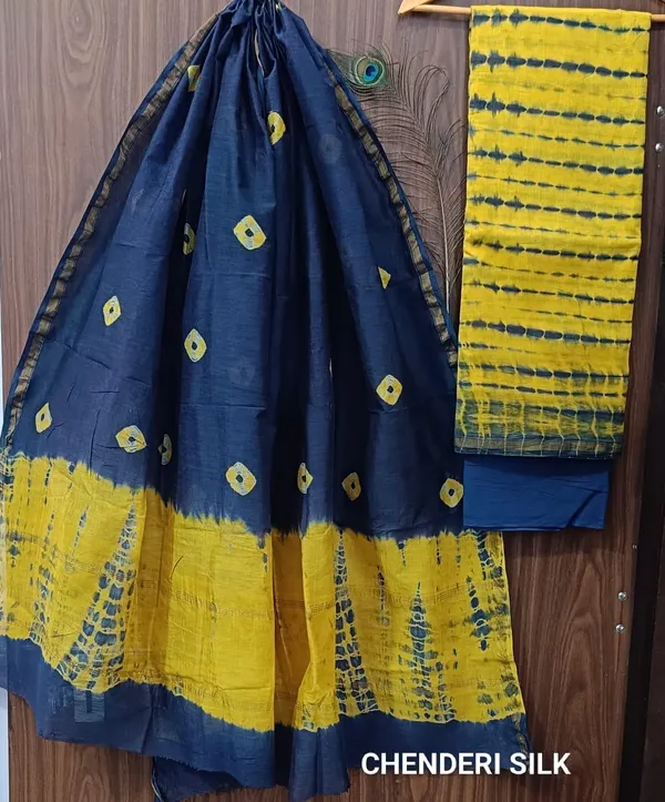 Navy_Blue_And_Yellow_Tie-Dye_Chanderi_Silk_Unstitched_Suit_Set_For_Women_(Bagru_Print)