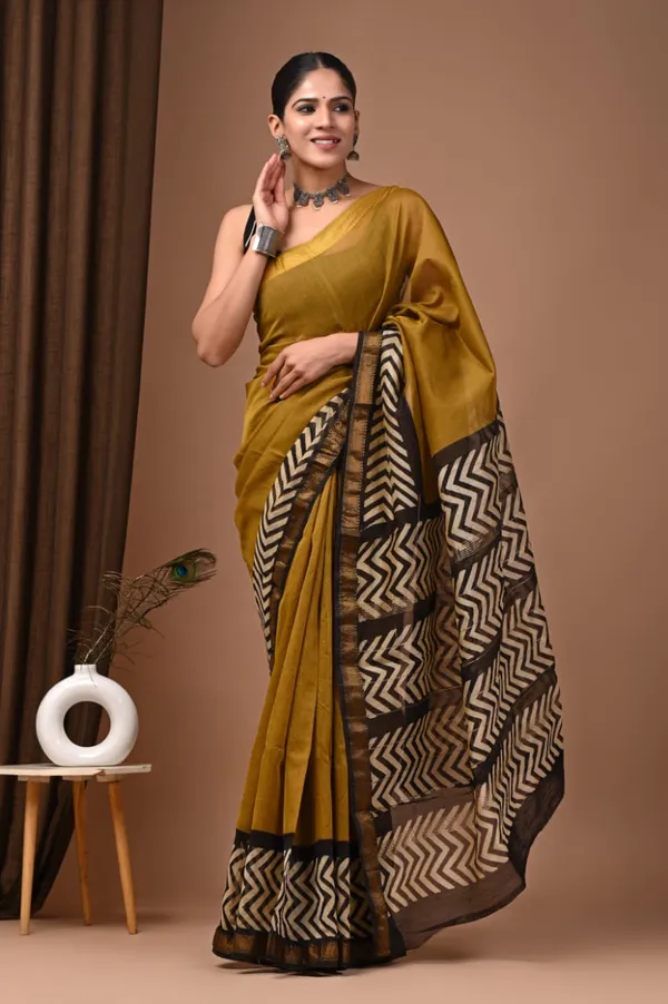 Mustard_Yellow_Maheshwari_Silk_Chevron_Border_Saree_With_Matching_Blouse_For_Women
