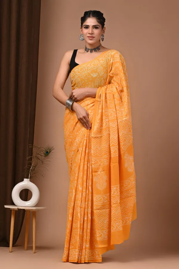 Yellow_Pure_Cotton_Floral_Print_Saree_With_Matching_Blouse_For_Women
