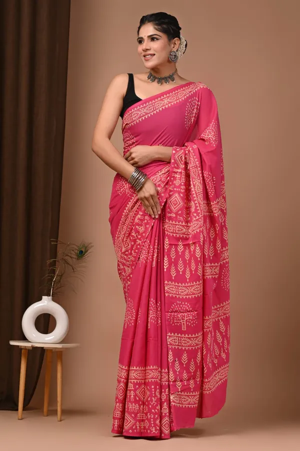 Pink_Georgette_Pure_Cotton_Print_Saree_With_Matching_Blouse_For_Women