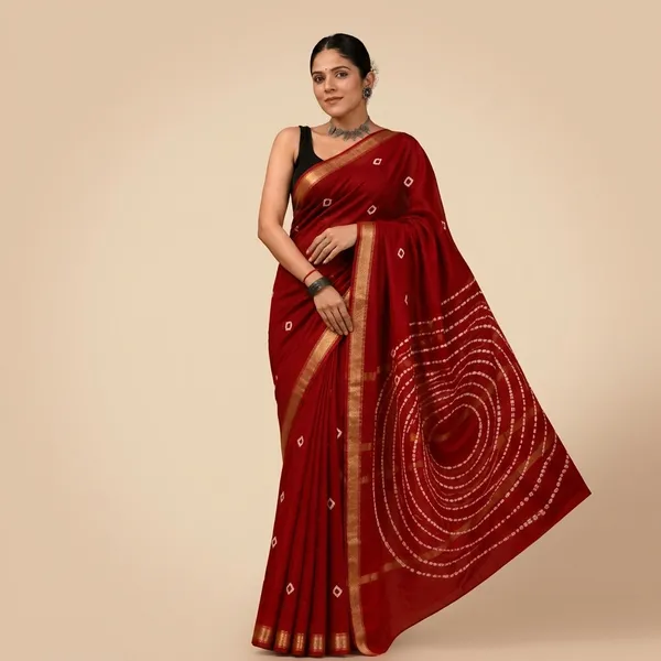 Red_Handloom_Maheshwari_Silk_Saree_With_Matching_Blouse_With_Traditional_Border_For_Women