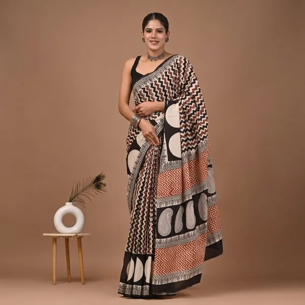 Black_Brown_Zigzag_Pattern_Pure_Cotton_Printed_Saree_With_Matching_Blouse_For_Women