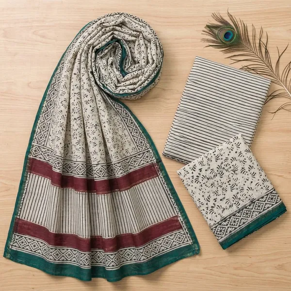 Off_White_Floral_Print_Chanderi_Silk_Unstitched_Suit_Set_For_Women_(Bagru_Print)