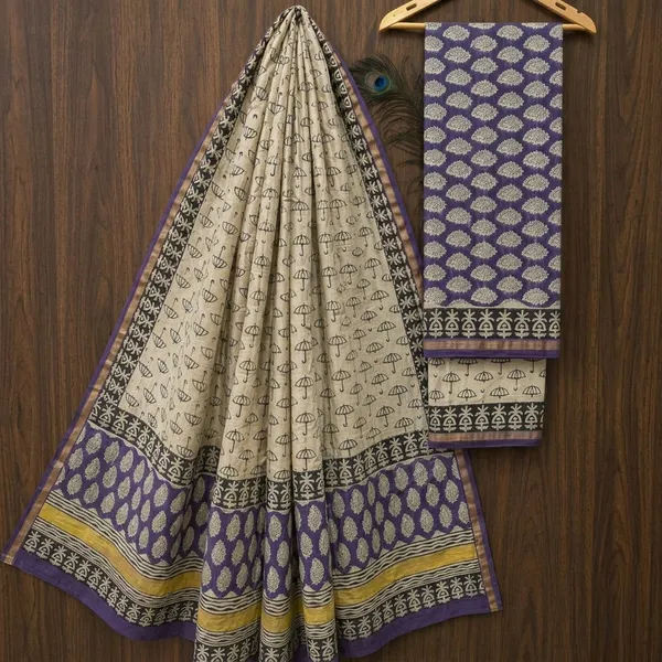 Cream_Purple_Chanderi_Silk_Unstitched_Suit_Set_For_Women_(Bagru_Print)