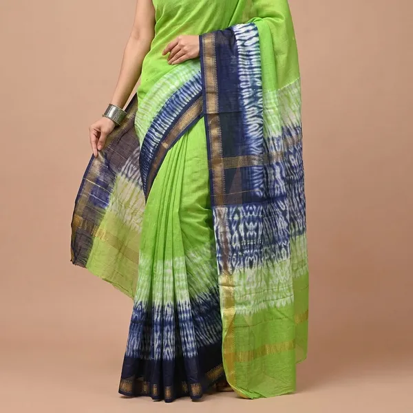 Parrot_Green_Shibori_Print_Maheshwari_Silk_Saree_With_Matching_Blouse_With_Navy_Blue_Border