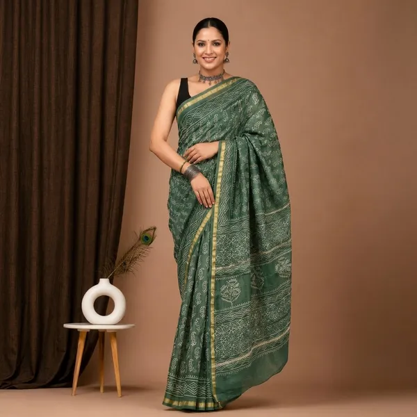 Green_Chanderi_Silk_Saree_With_Matching_Blouse_With_Golden_Border