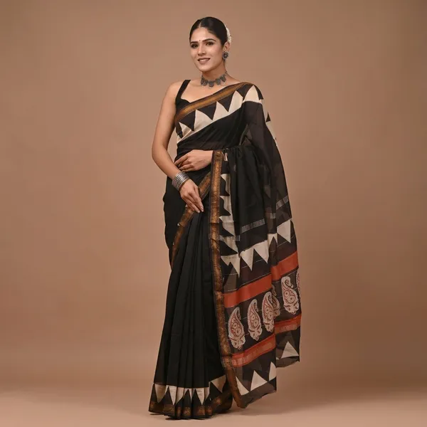 Black_Maheshwari_Silk_Temple_Border_Saree_With_Matching_Blouse_For_Women