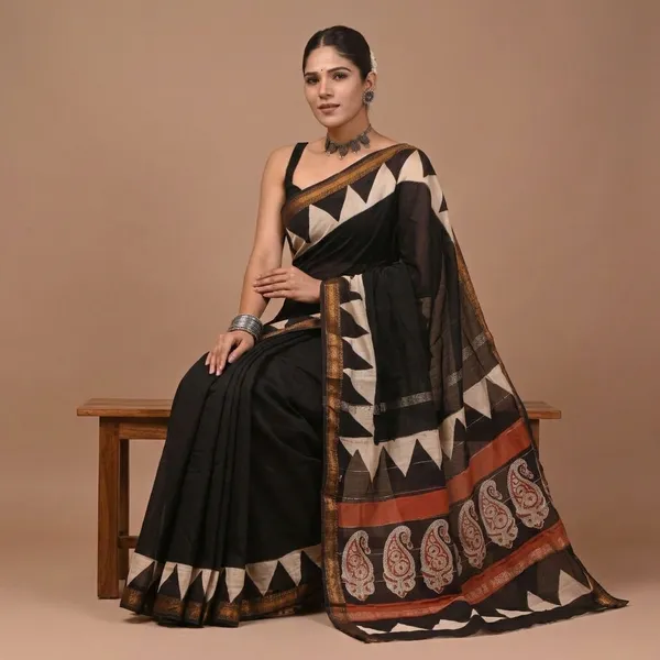 Black_Maheshwari_Silk_Temple_Border_Saree_With_Matching_Blouse_For_Women