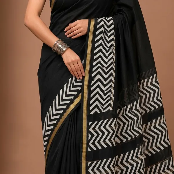 Black_Geometric_Print_Chanderi_Silk_Saree_With_Matching_Blouse_With_Gold_Border