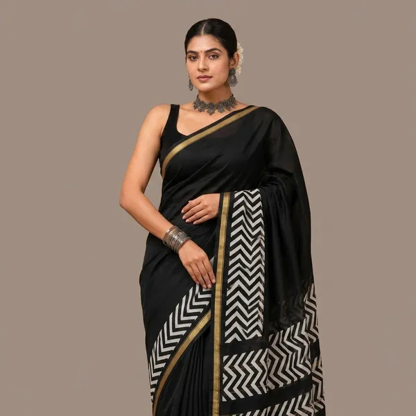 Black_Geometric_Print_Chanderi_Silk_Saree_With_Matching_Blouse_With_Gold_Border