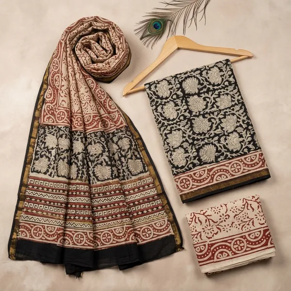 Black_Chenderi_Chanderi_Silk_Unstitched_Suit_Set_For_Women_(Bagru_Print)